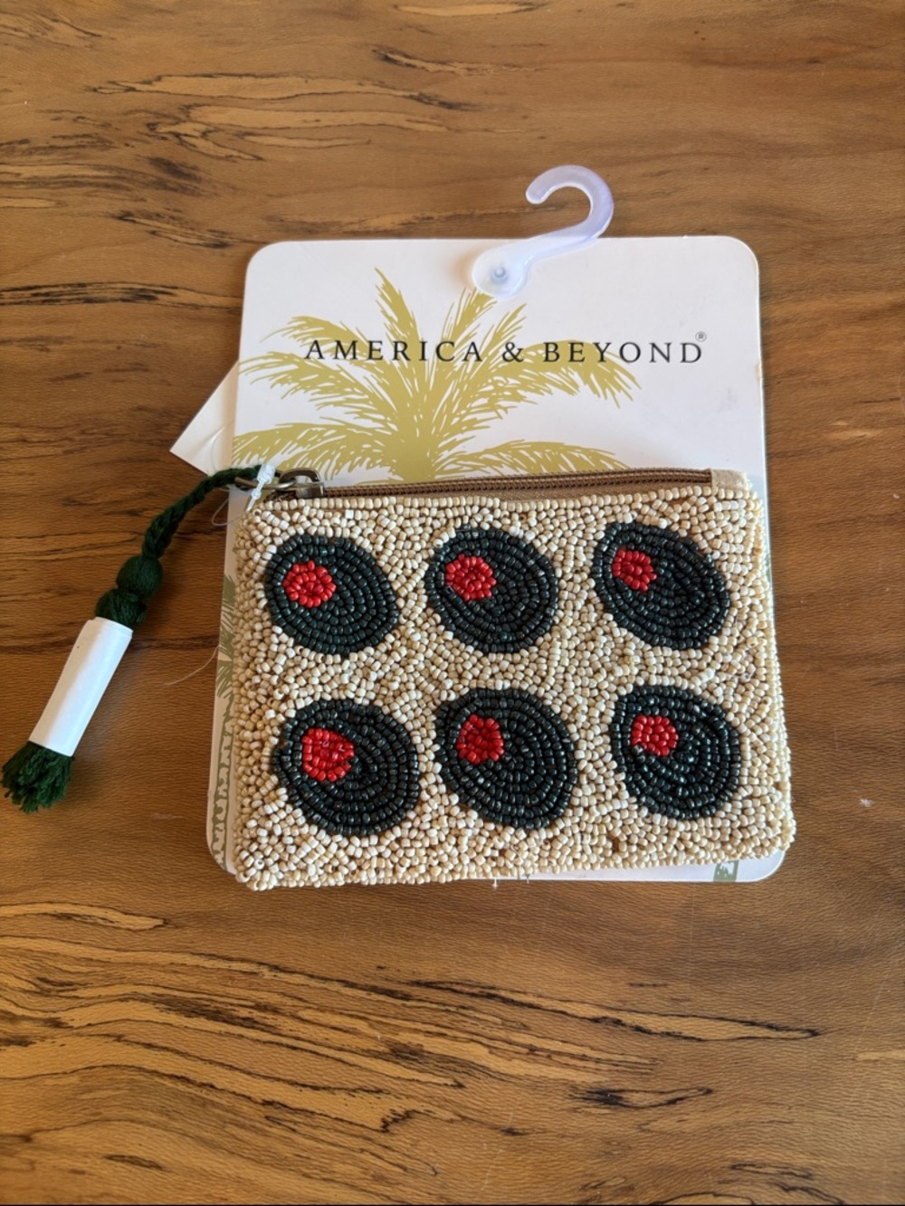 America & Beyond Beaded Olive Coin Purse in Beige, Black & Red